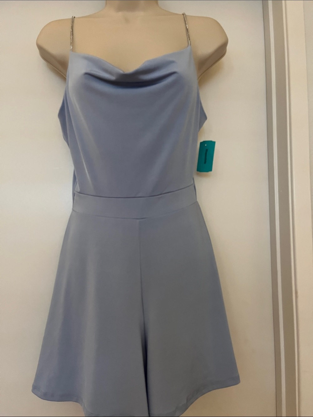 Women's Light Blue Satin Cowl Neck Romper